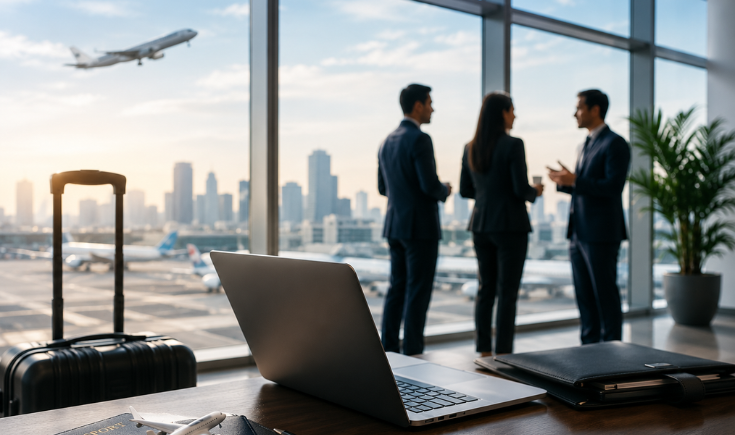 Illustration of executives benefiting from the streamlined services of a professional Travel Management Company