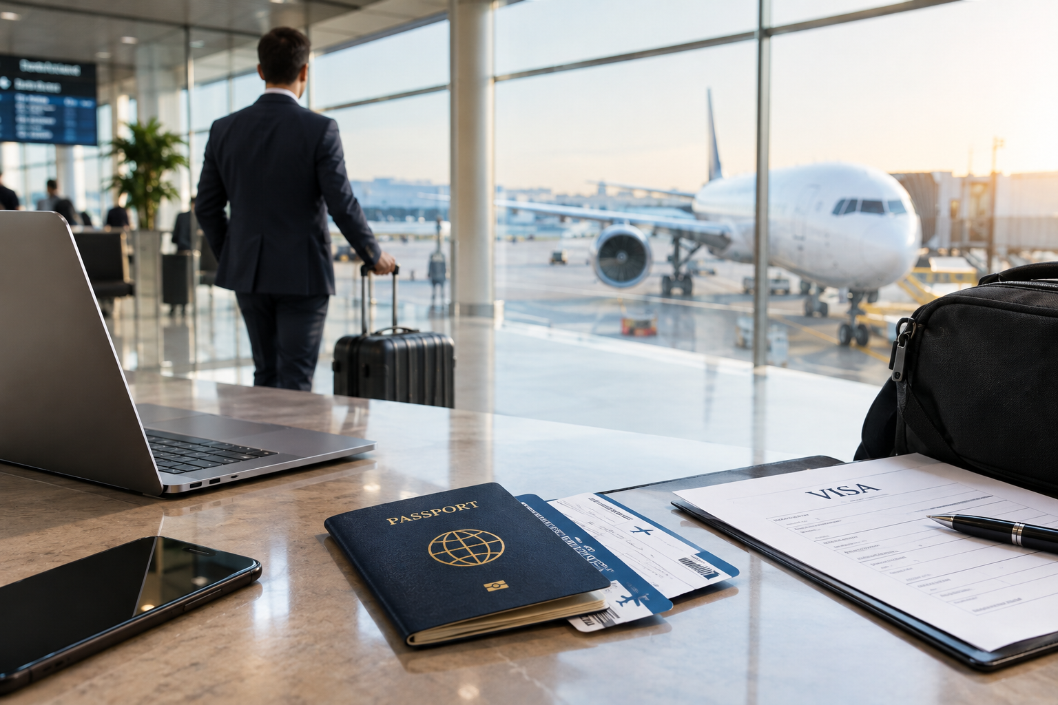 Corporate management team reviewing an end-to-end travel service itinerary covering flights, visas, and Forex
