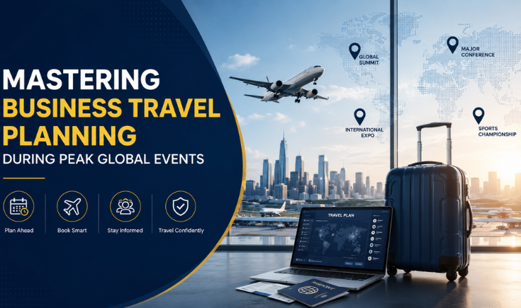 Professionals strategizing business travel planning and route optimization for major international trade shows and global expos