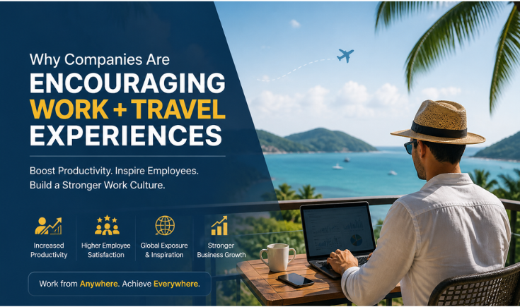 Illustration of corporate employees enjoying flexible work and travel experiences, managed by Valiant Business Solutions